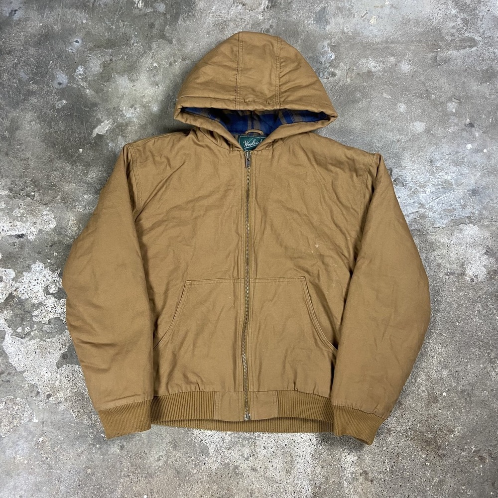Vintage 90s Woolrich Canvas Jacket Size Large Tan Full Zip Plaid Lined Hoodie